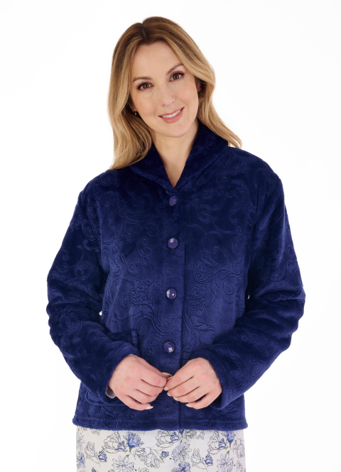 Slenderella Jaquard Soft Fleece Button Up Bed Jacket